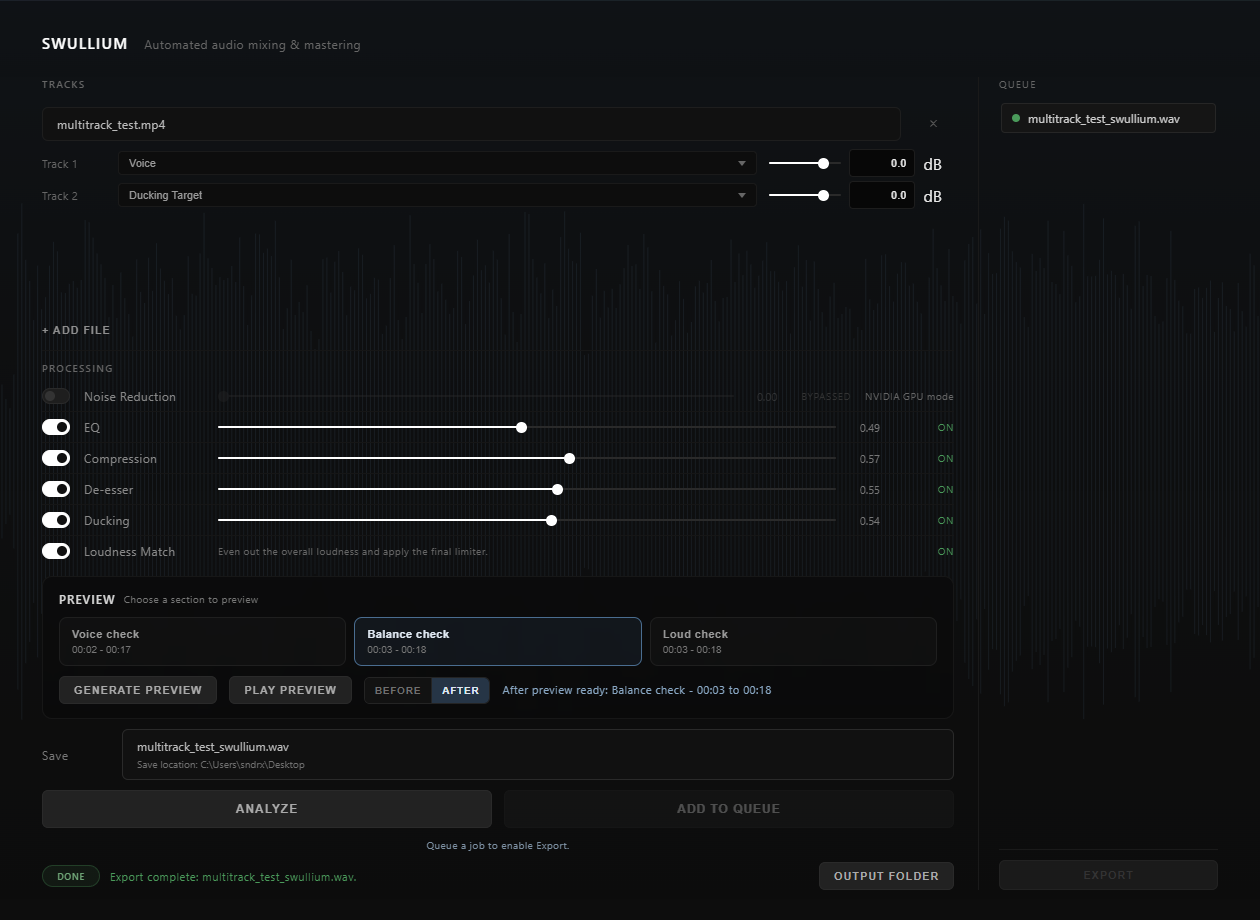 The Swullium app — tracks loaded, processing toggles for noise reduction, EQ, compression, de-esser, ducking and loudness match, a preview section, and an export queue.